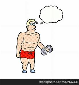 cartoon man lifting weights with thought bubble