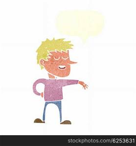 cartoon man making dismissive gesture with speech bubble
