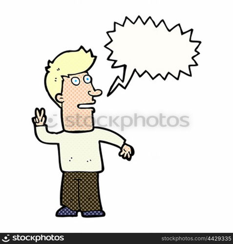 cartoon man making peace sign with speech bubble