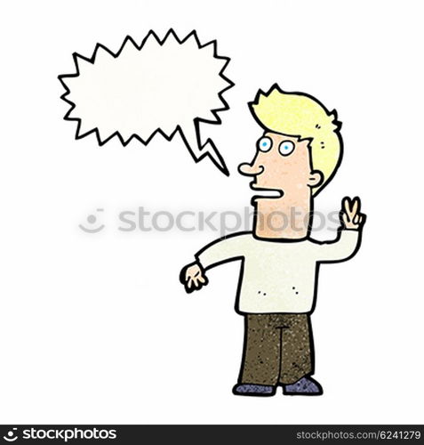 cartoon man making peace sign with speech bubble