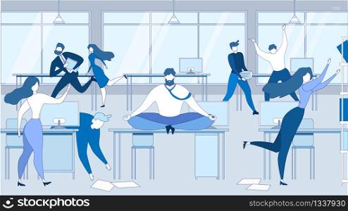 Cartoon Man Meditating at Office Table. People Stressed, Deadline Alarm, Work Problem Vector Illustration. Relaxation Pause, Calm Businessman in Lotus Pose. Woman and Man Employee Worried at Work. Cartoon Man Meditate Office Table People Stressed