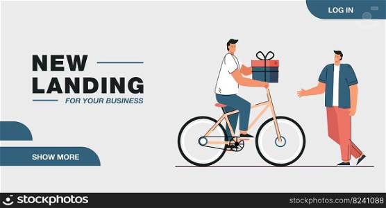 Cartoon man on bicycle delivering gift to customer or boyfriend. Male character giving gift box to guy flat vector illustration. Relationship, romance, birthday or delivery service concept for banner