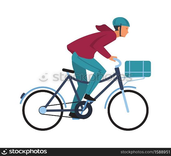 Cartoon man on bicycle. Simple character in casual clothes and helmet rides on bike, cyclist guy sport and healthy leisure lifestyle, teenager outdoor activities in park flat vector illustration. Cartoon man on bicycle. Simple character in casual clothes and helmet rides on bike, cyclist guy healthy leisure lifestyle, teenager outdoor activities flat vector illustration