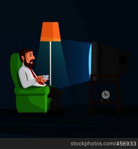 Cartoon man on sofa watches TV with coffee cup vector illustration. Cartoon man on sofa watches TV
