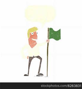 cartoon man planting flag with speech bubble