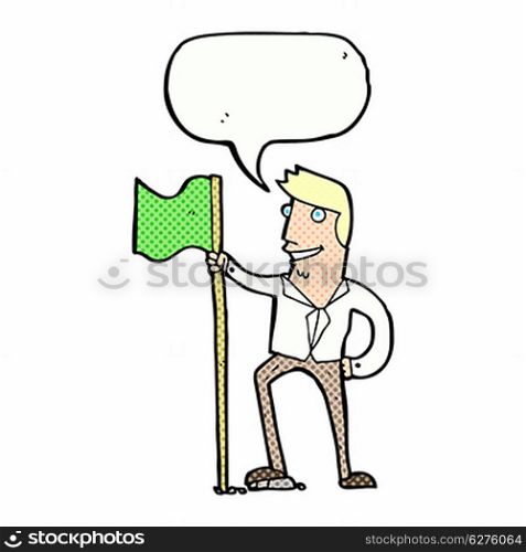 cartoon man planting flag with speech bubble