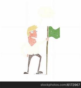 cartoon man planting flag with thought bubble