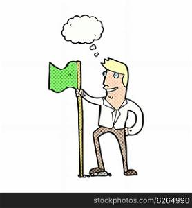 cartoon man planting flag with thought bubble