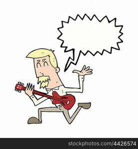 cartoon man playing electric guitar with speech bubble