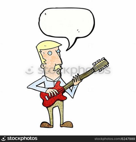 cartoon man playing electric guitar with speech bubble