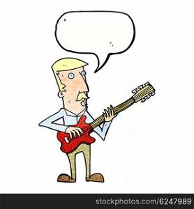 cartoon man playing electric guitar with speech bubble