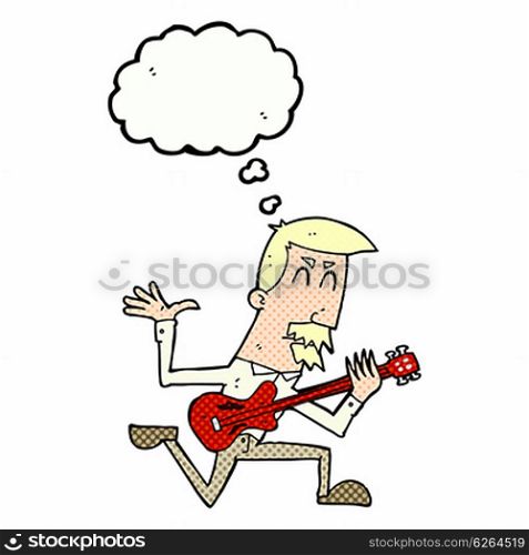 cartoon man playing electric guitar with thought bubble