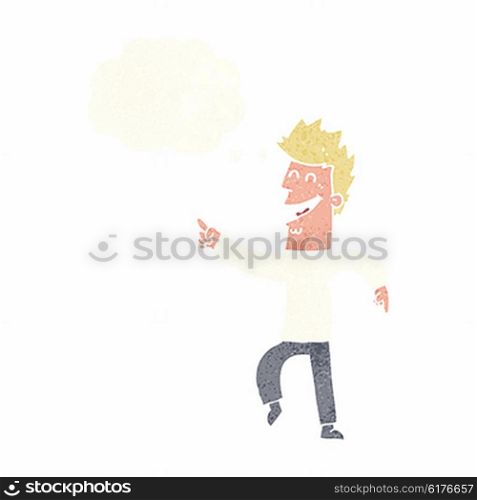 cartoon man pointing and laughing with thought bubble