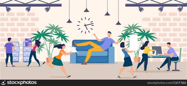 Cartoon Man Procrastinating Lying on Sofa while other Coworkers Working Hard. Office People Urgency Performing Necessary Tasks. Lazy Colleague Resting Having Passive Income. Vector Flat Illustration. Man Procrastinating while Coworkers Working Hard