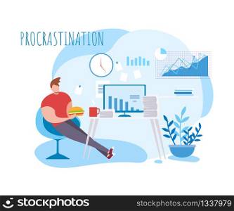 Cartoon Man Procrastination at Work. Food Coffee Break Vector Illustration. Lazy Male Office Worker Eat. Procrastinate, Postpone Tomorrow Delay, Paper Stack at Table. Graph Decrease. Bored Routine. Cartoon Man Procrastination Work Food Coffee Break