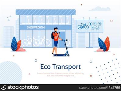 Cartoon Man Riding Scooter Holding Mobile Phone Banner Vector Illustration. Boy with Smartphone on Vehicle. Man Moving near Showroom. Holding Gadget with Rental Application. Eco Transport.. Cartoon Man Riding Scooter Holding Mobile Phone.