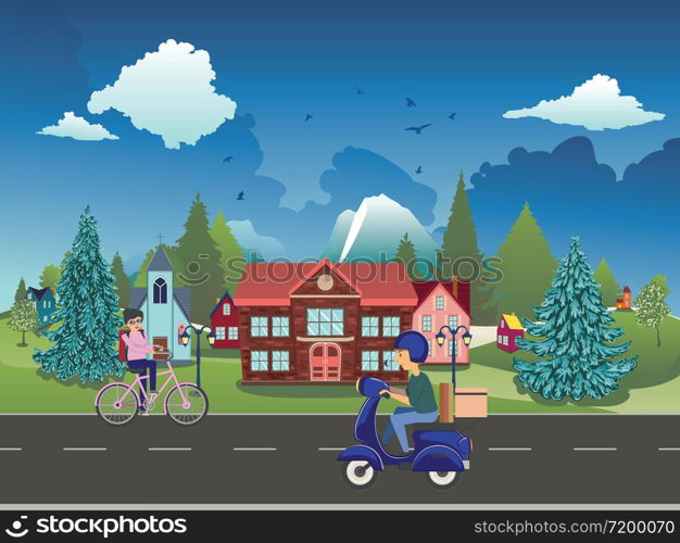 Cartoon man riding scooter in the small town background.