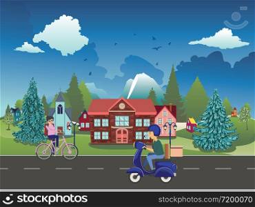Cartoon man riding scooter in the small town background.