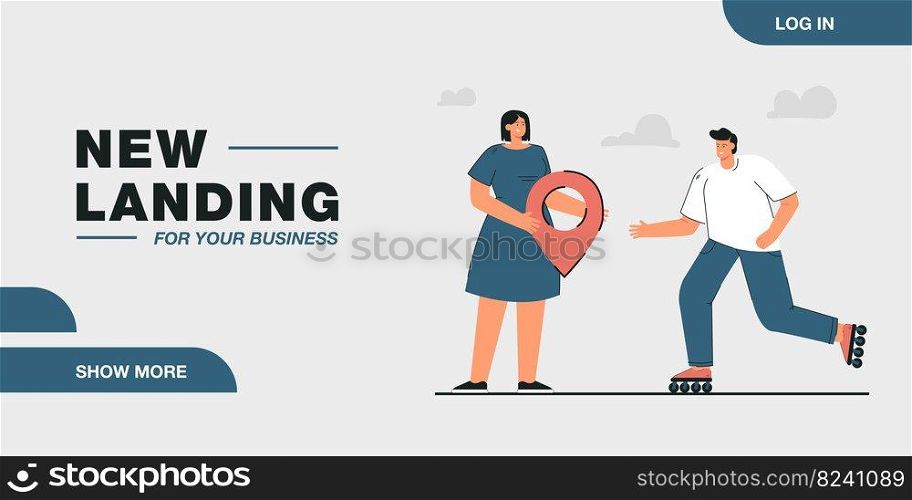 Cartoon man roller skating towards woman with location pin. Couple meeting at destination flat vector illustration. Transportation, communication concept for banner, website design or landing web page
