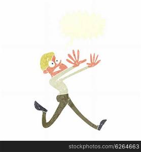 cartoon man running away with speech bubble