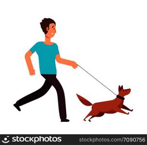 Cartoon man running with dog. Healthy lifestyle vector concept. Activity character, athletic and jogging, action sport exercise illustration. Cartoon man running with dog. Healthy lifestyle vector concept