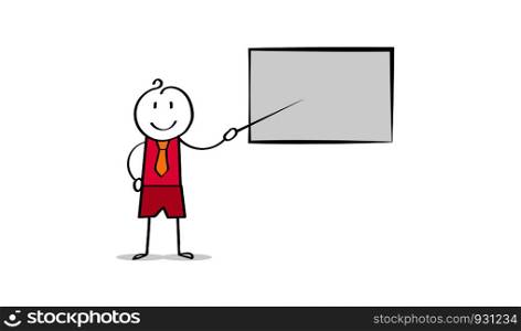 Cartoon man shows a pointer to a poster, a place for a picture, graphics or text.