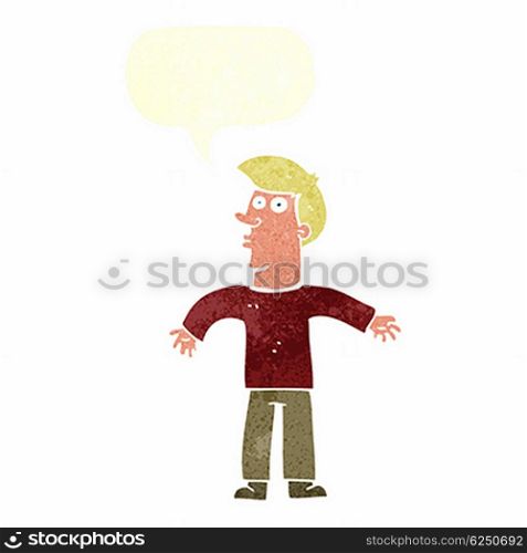 cartoon man shrugging shoulders with speech bubble