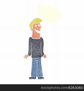 cartoon man shrugging shoulders with speech bubble