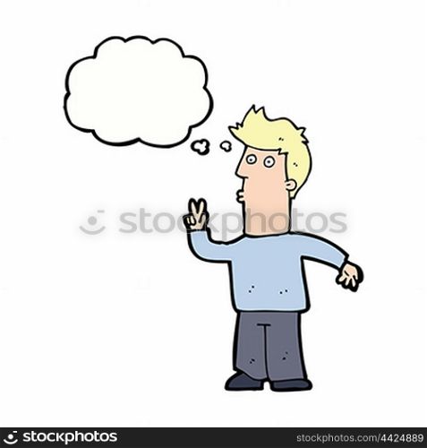 cartoon man signalling with hand with thought bubble