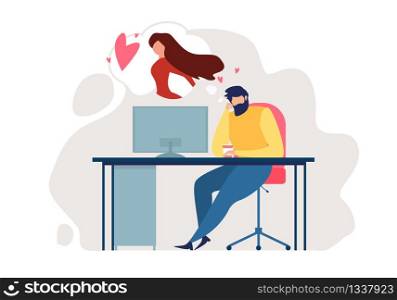 Cartoon Man Sit on Chair at Office Table in Romantic Mood Think Love Relationship Dream Woman Vector Illustration. Colleague Dating, Corporate Romance, Sexual Female Worker Flirt at Workplace. Cartoon Man Sit Chair Office Table Romantic Mood
