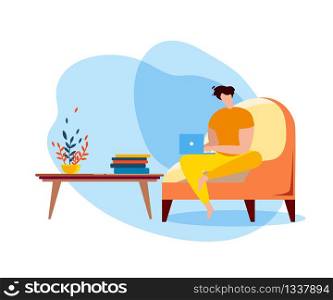 Cartoon Man Sit on Couch with Notebook, Internet Surfing Vector Illustration. Social Media Online Communication, Website Browsing, Work from Home. Male Freelancer Relax Indoors Entertainment. Cartoon Man Sit Couch Notebook Internet Surfing