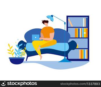 Cartoon Man Sit on Couch with Notebook Type. Freelancer Work Vector Illustration. Living Room Interior, Lamp Sofa and Bookcase. Internet Surfing, Social Media Online Communication, Home Worker. Cartoon Man Sit Couch with Notebook Freelancer