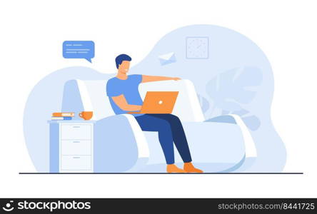 Cartoon man sitting at home with laptop isolated flat vector illustration. Young businessman on sofa with computer. Lifestyle, freelance and chat concept