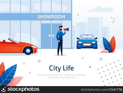 Cartoon Man Standing with Speaking Trumpet near Showroom Banner Vector Illustration. New Modern Cars Selling in Shop or Store. Cabriolet Vehicle for Buyers. Cityscape on Background.. Man Standing with Speaking Trumpet near Showroom.