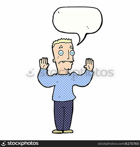 cartoon man surrendering with speech bubble