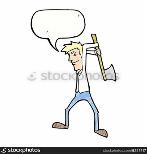 cartoon man swinging axe with speech bubble