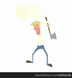 cartoon man swinging axe with speech bubble