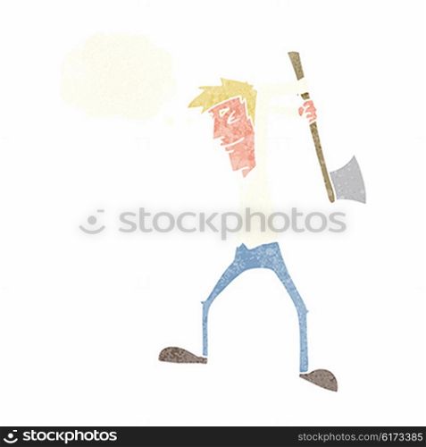 cartoon man swinging axe with thought bubble