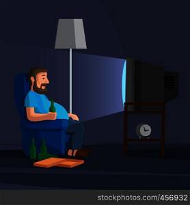 Cartoon Man Watching TV with bottle of beer vector illustration. Cartoon Man Watching TV
