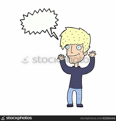 cartoon man waving arms with speech bubble
