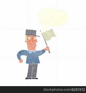 cartoon man waving flag with speech bubble