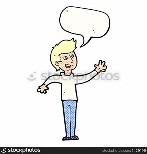 cartoon man waving with speech bubble