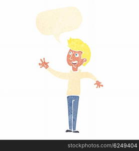 cartoon man waving with speech bubble