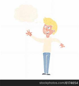 cartoon man waving with thought bubble