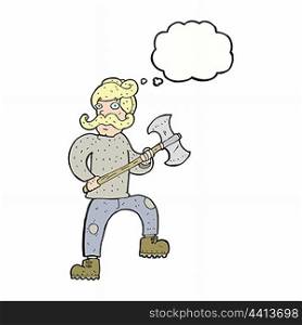 cartoon man with axe with thought bubble
