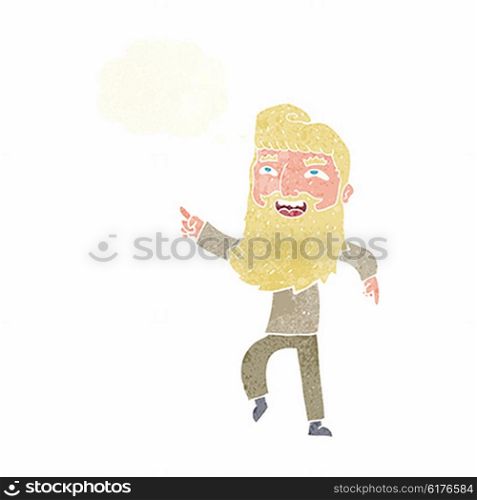 cartoon man with beard laughing and pointing with thought bubble