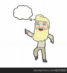 cartoon man with beard laughing and pointing with thought bubble