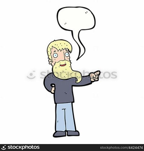 cartoon man with beard pointing with speech bubble
