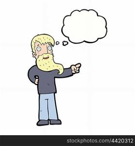 cartoon man with beard pointing with thought bubble
