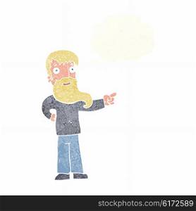 cartoon man with beard pointing with thought bubble
